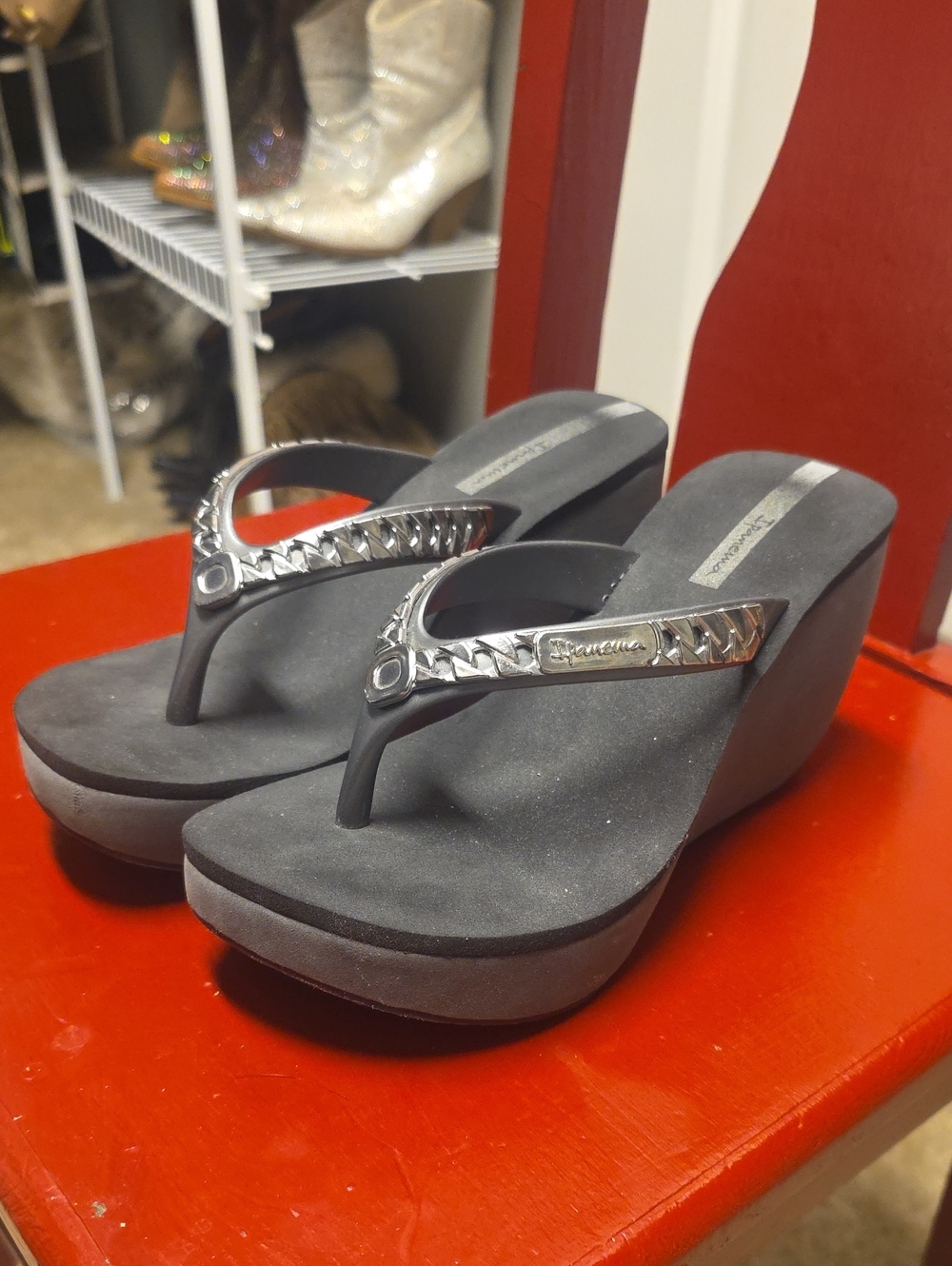 Ipanema Silver-Trim Gray Wedge Flip Flops